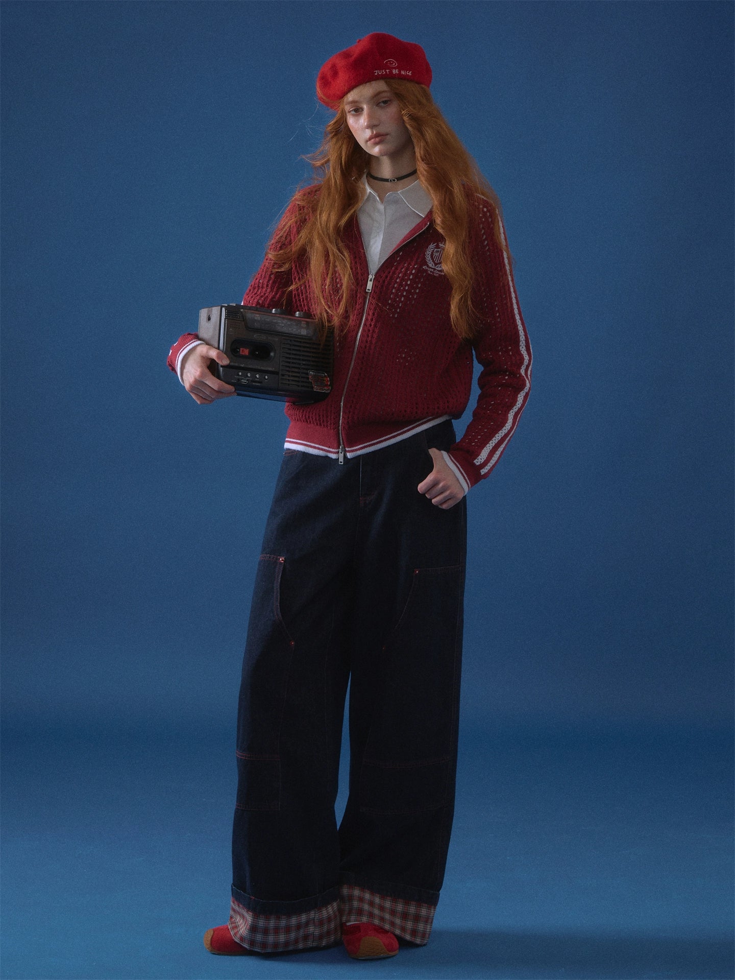 Plaid Cuff Wide-Leg Jeans