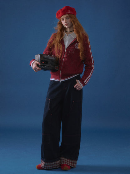 Plaid Cuff Wide-Leg Jeans