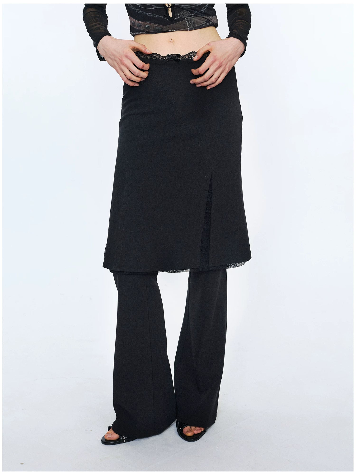 Lace Waist Bow Flared Skirt Pants