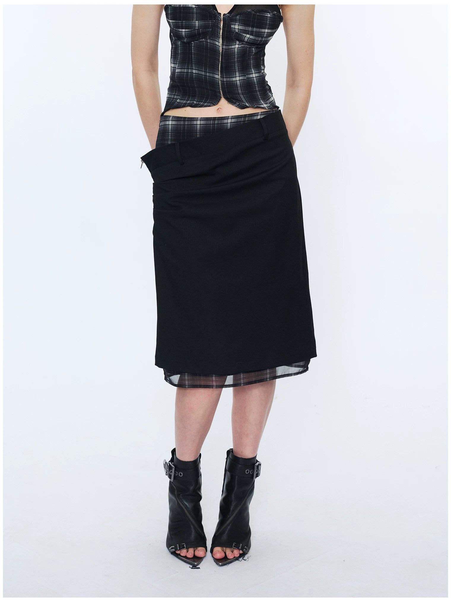 Deconstructed Check Patchwork Straight Midi Skirt
