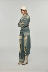 Denim Distressed Wide-Leg Pants - CHINASQUAD