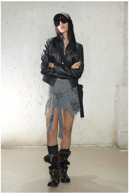 Distressed Cropped Biker Leather Jacket