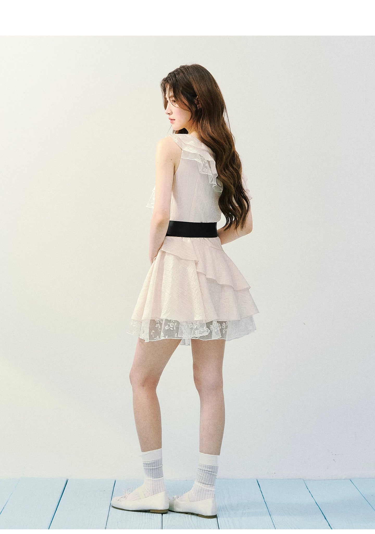 Asymmetric Lace Tiered Ruffle Dress