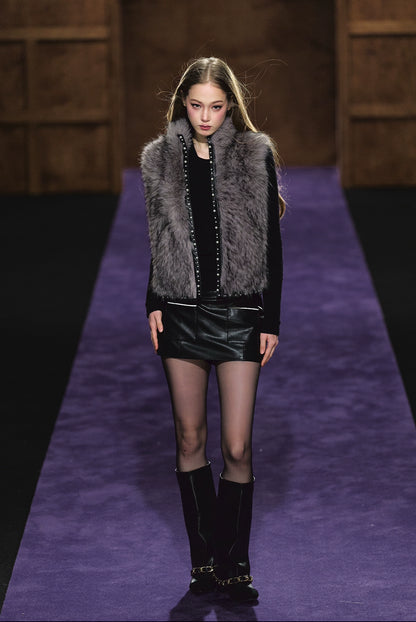 Beaded Faux Fur Layered Vest