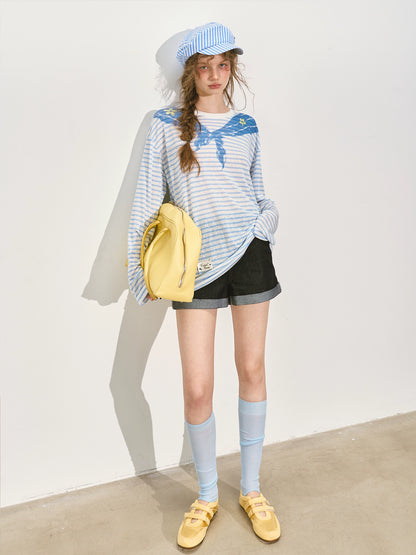 Navy Collar Printed Striped Long-Sleeve T-Shirt - CHINASQUAD