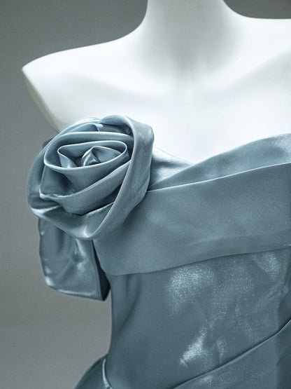 Satin Off-Shoulder Gown with Sculpted Roses