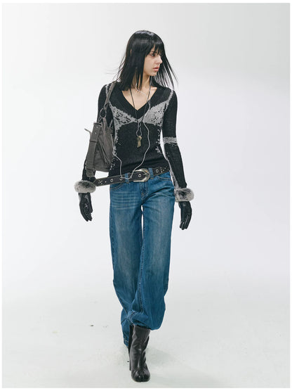 V-Neck Lamb Wool Slim-Fit Knit Sweater