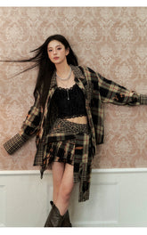 Washed Distressed Plaid Shirt & Skirt Set - CHINASQUAD