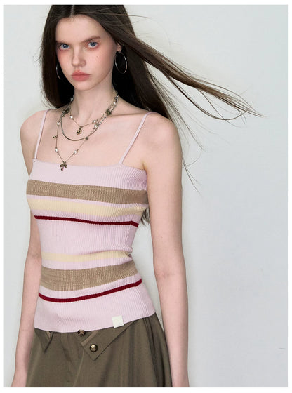 Knit Cardigan &amp; Striped Camisole Two-Piece Set