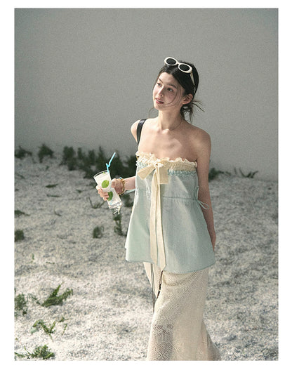 “Soft Blue Whisper” Faux Two-Piece Bandeau Top