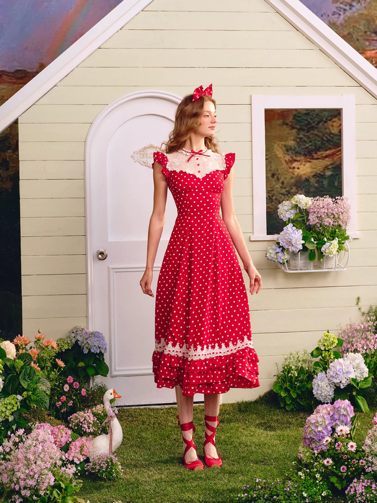 Red Sweet Collegiate Polka Dot Lace Dress
