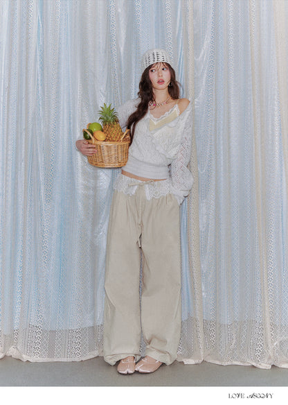 Lace Panel Drawstring Waist Wide-Leg Casual Pants