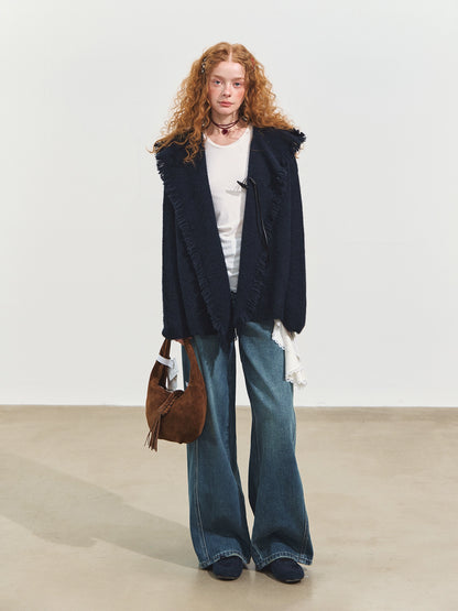 3D Seam Wide-Leg Crescent Denim Pants