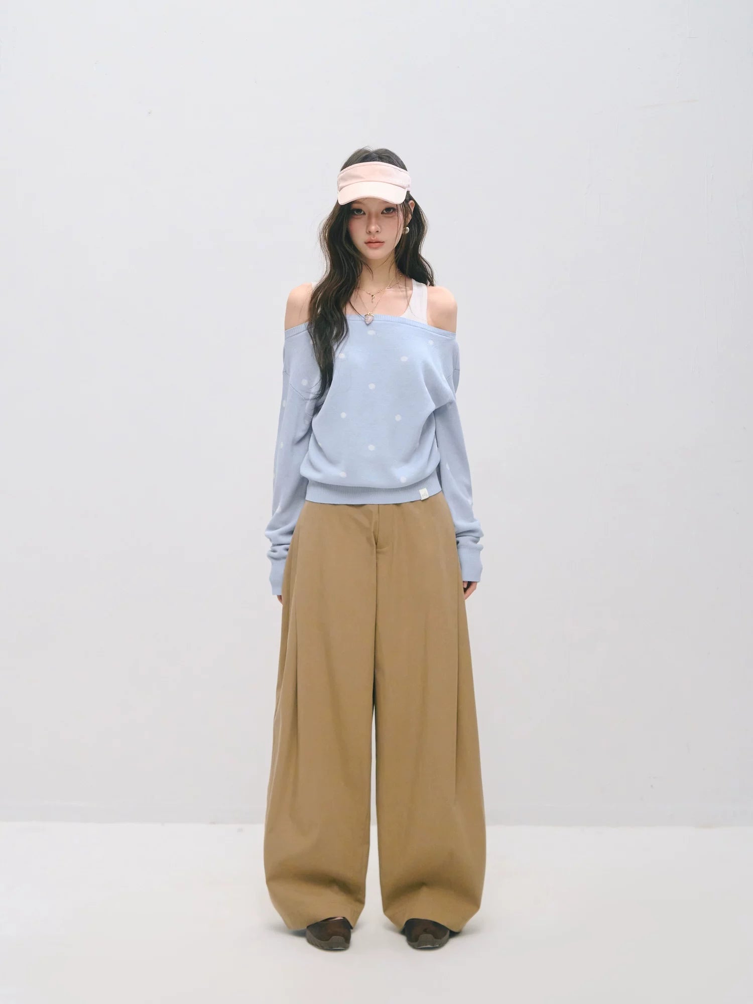 Asymmetric Pleated Curved Wide-Leg Trousers