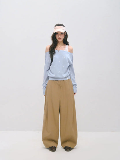 Asymmetric Pleated Curved Wide-Leg Trousers