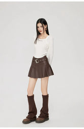 (Final Sale) High-Waisted Pleated Leather Skirt - CHINASQUAD