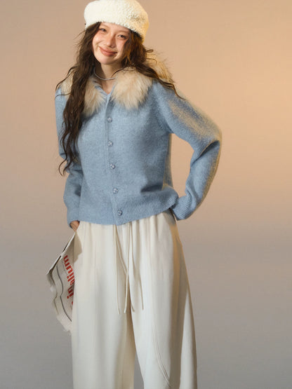 Detachable Fur-Collar Fleece Hooded Cardigan