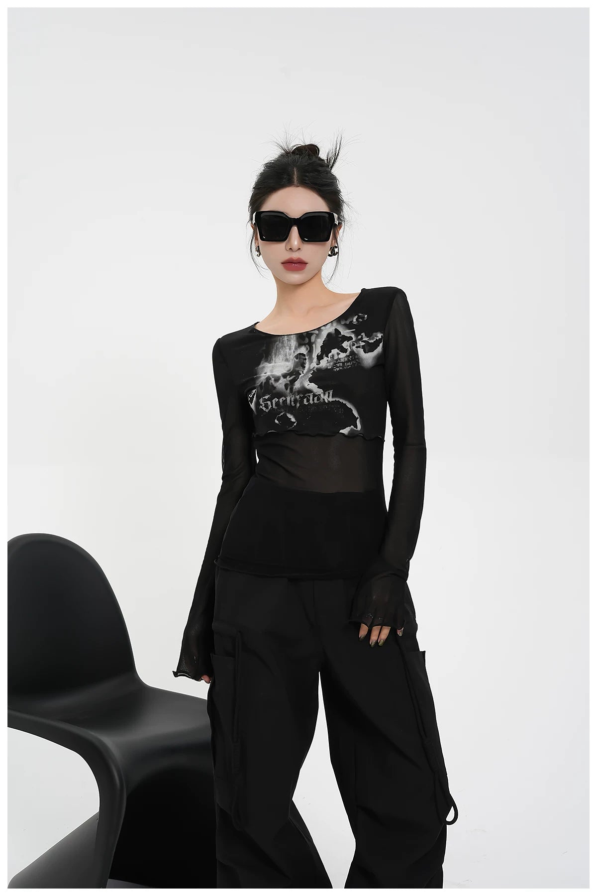 Street-Style Printed Mesh Long-Sleeve T-Shirt