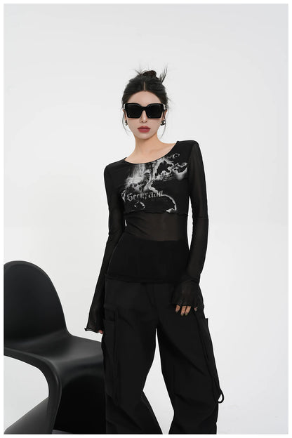 Street-Style Printed Mesh Long-Sleeve T-Shirt