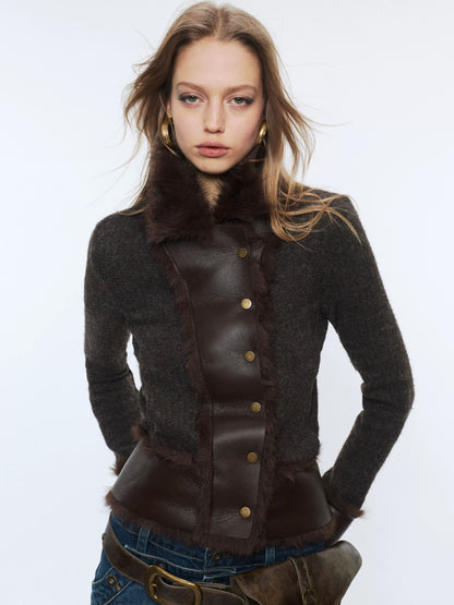 Knit Panel Faux Fur Cardigan Jacket