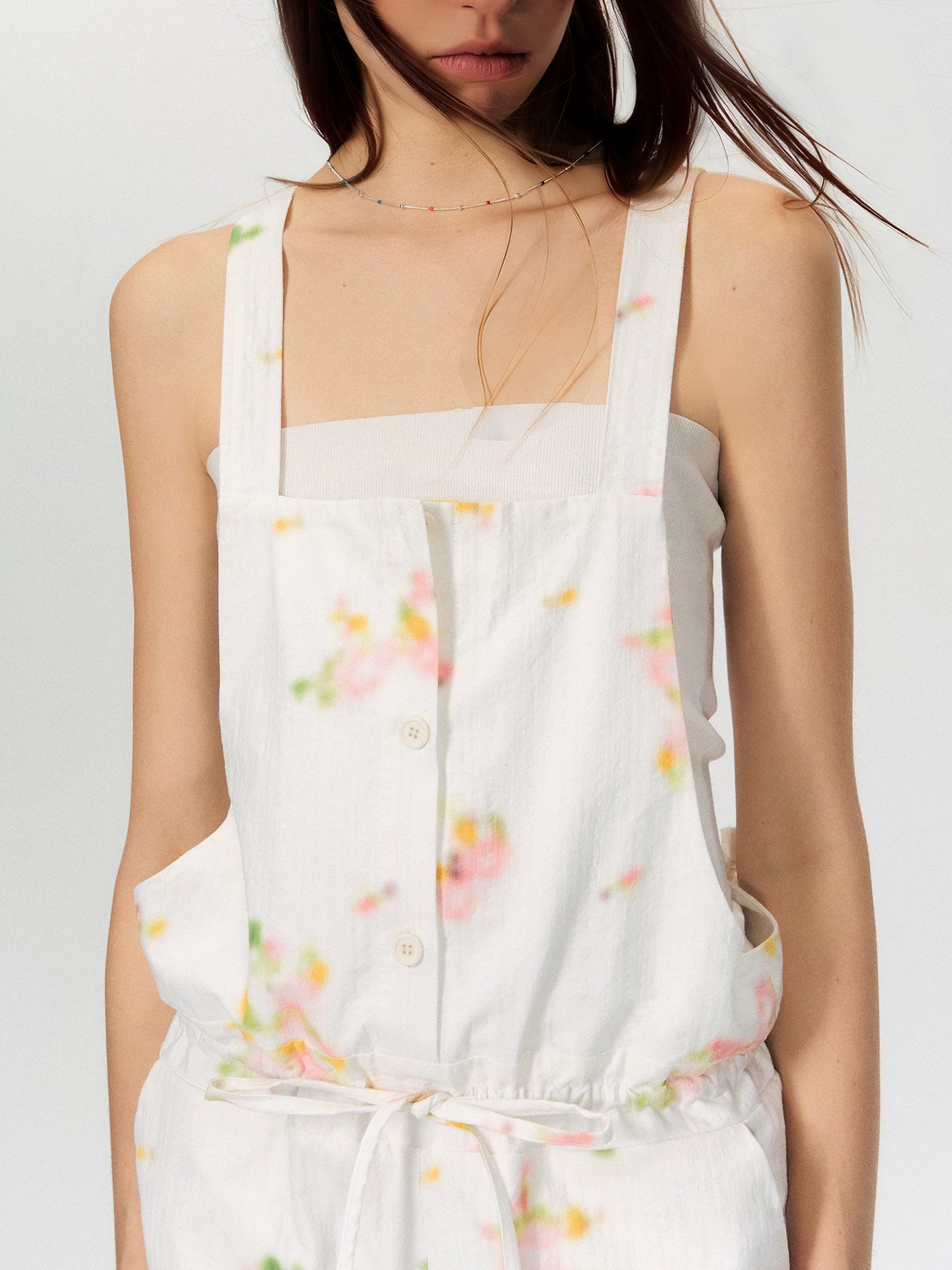 Vintage Soft-Blur Floral Backless Strap Jumpsuit