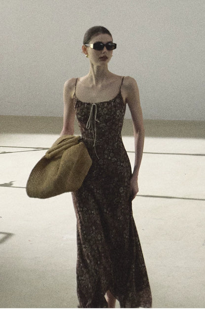 Bohemian Floral Print Waist-Cinched Sleeveless Slip Dress
