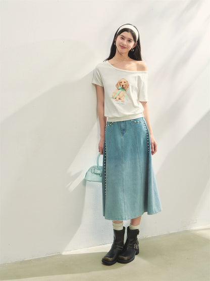 Asymmetric Shoulder Bow Puppy Printed T-Shirt - CHINASQUAD
