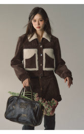 Brown Faux Fur Patchwork Short Jacket - CHINASQUAD