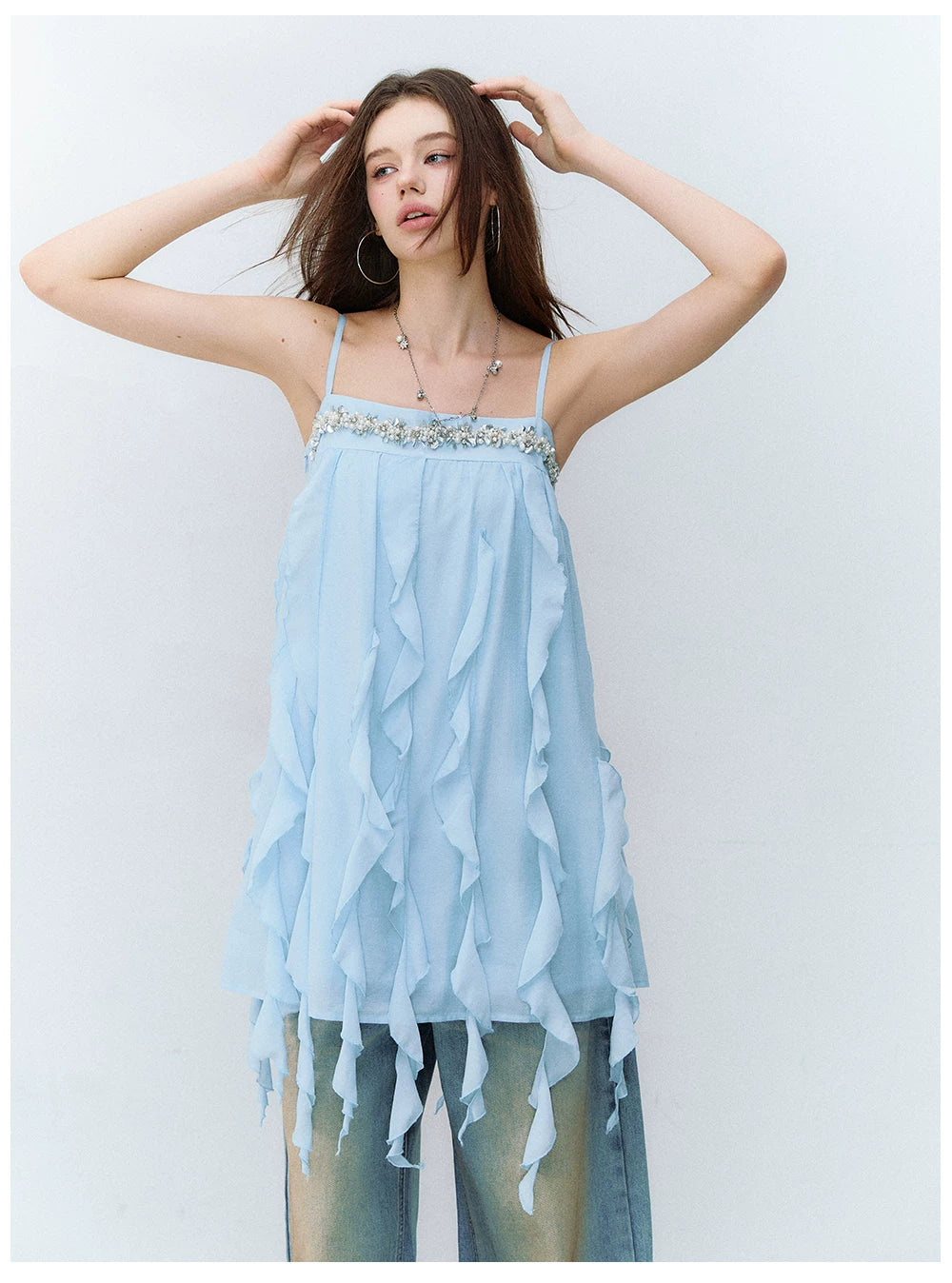 Beaded Trim Flowing Acetate Slip Dress