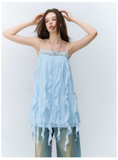 Beaded Trim Flowing Acetate Slip Dress