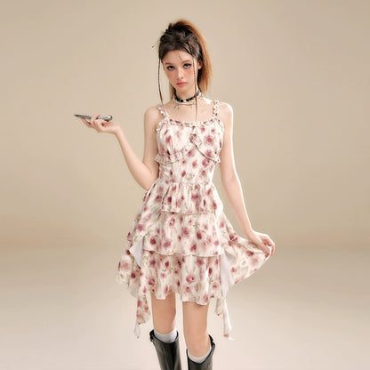 Apricot Floral Asymmetrical Strap Dress