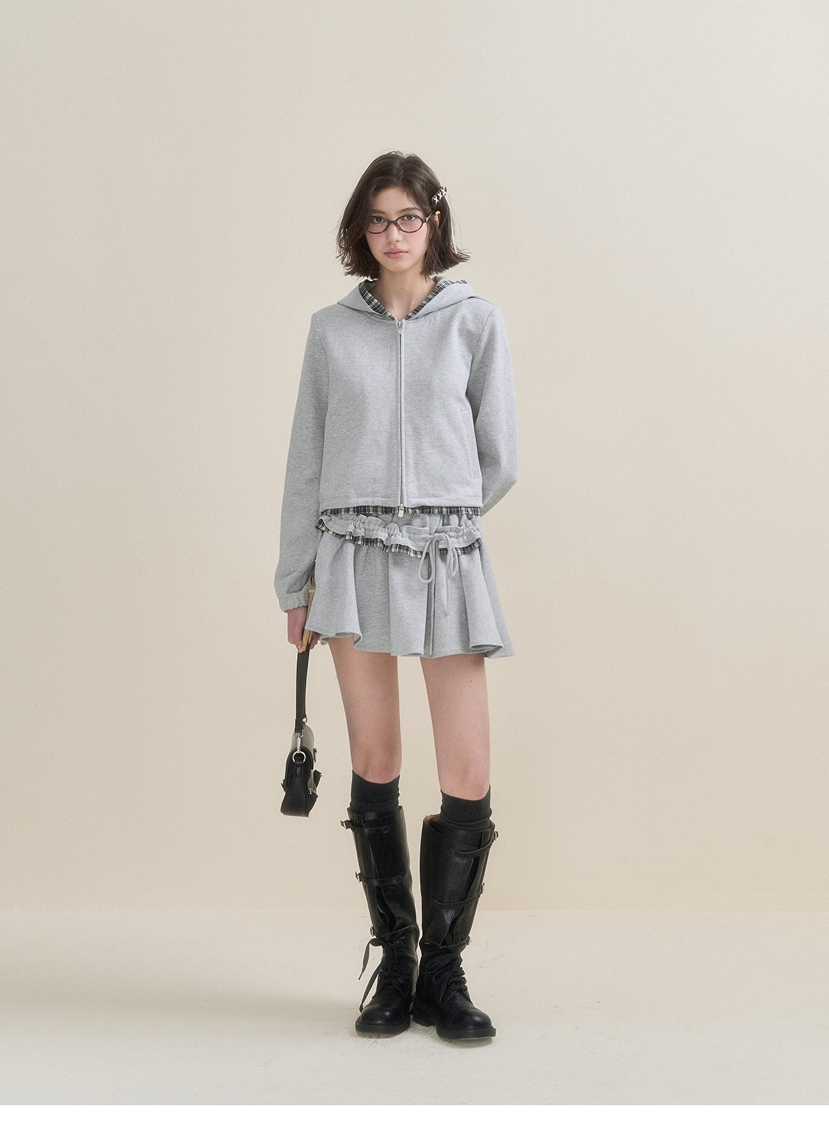 Gray Plaid Spliced Hoodie &amp; Skirt Set