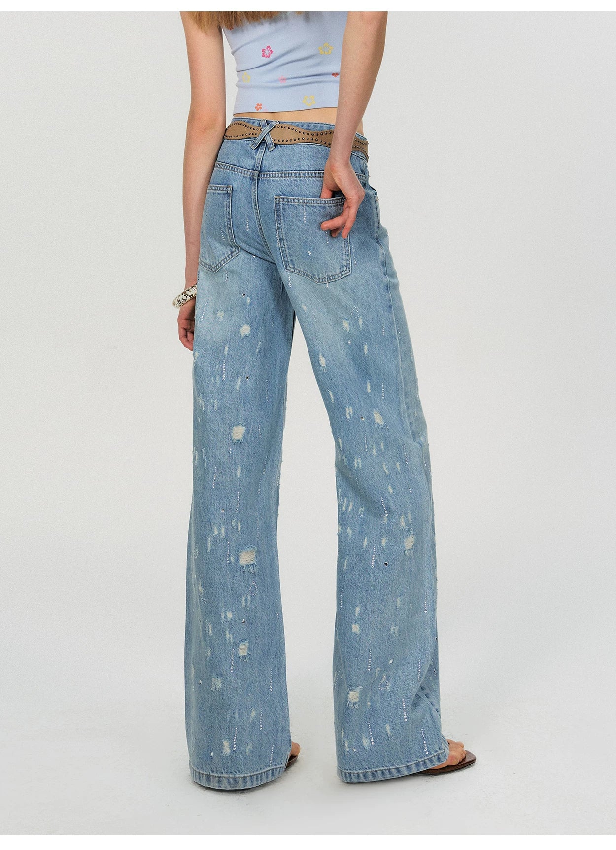 Vintage Washed Blue Rhinestone Embellished Straight-Leg Denim Trousers