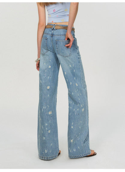 Vintage Washed Blue Rhinestone Embellished Straight-Leg Denim Trousers