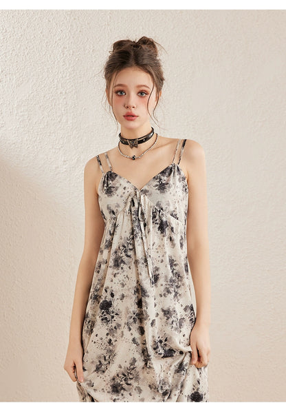 Apricot Rose Tie-Dye Floral Spaghetti Strap Dress