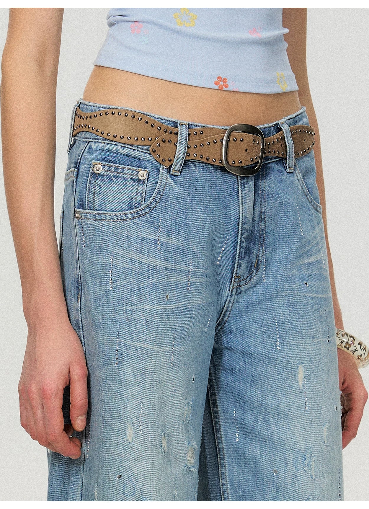 Vintage Washed Blue Rhinestone Embellished Straight-Leg Denim Trousers