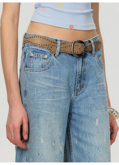 Vintage Washed Blue Rhinestone Embellished Straight-Leg Denim Trousers