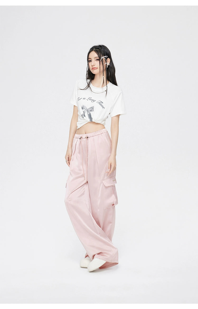 Pink &amp; White Silk Wide-Leg Pants