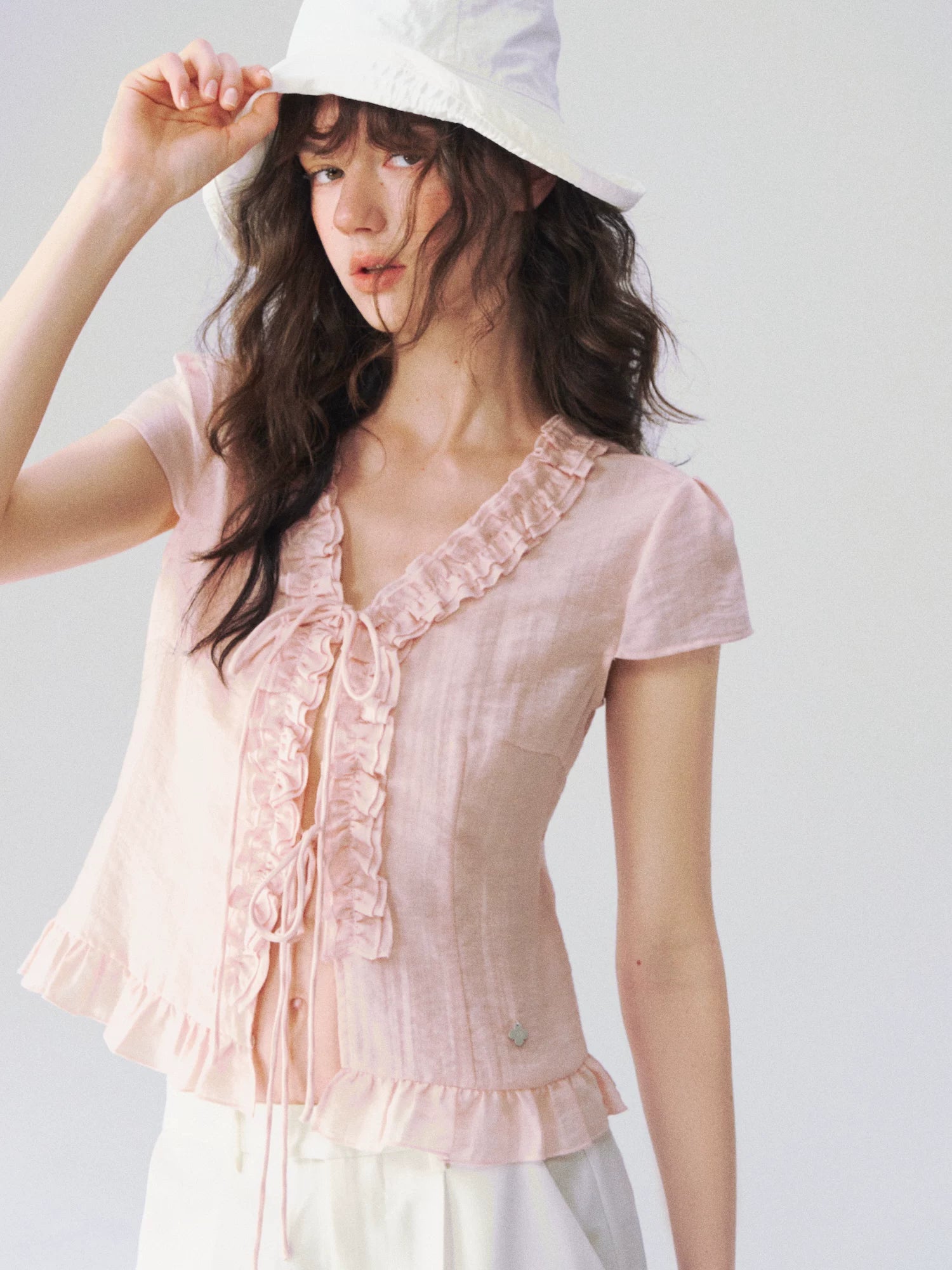 Soft Ruffle Trim V-Neck Cropped Blouse