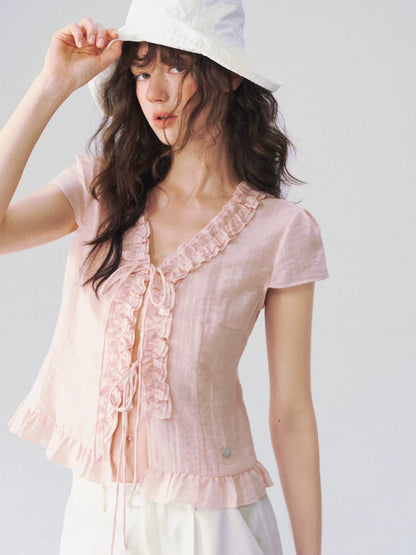 Soft Ruffle Trim V-Neck Cropped Blouse