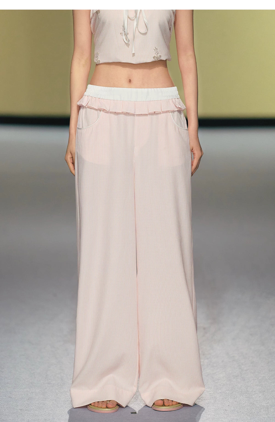 Beaded Stripe Strapless Top &amp; Contrast Waist Casual Pants Set