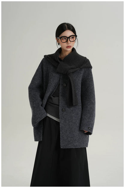 Knitted Hooded Scarf Mid-Length Wool Coat