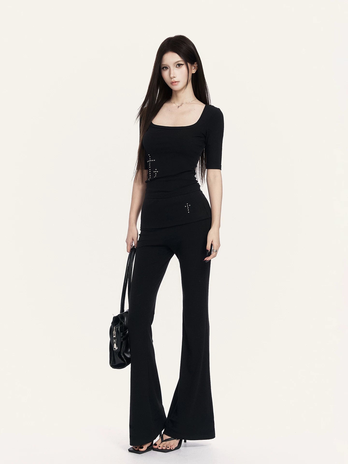 Square Neck Cropped Tee &amp; Flare Pants Set
