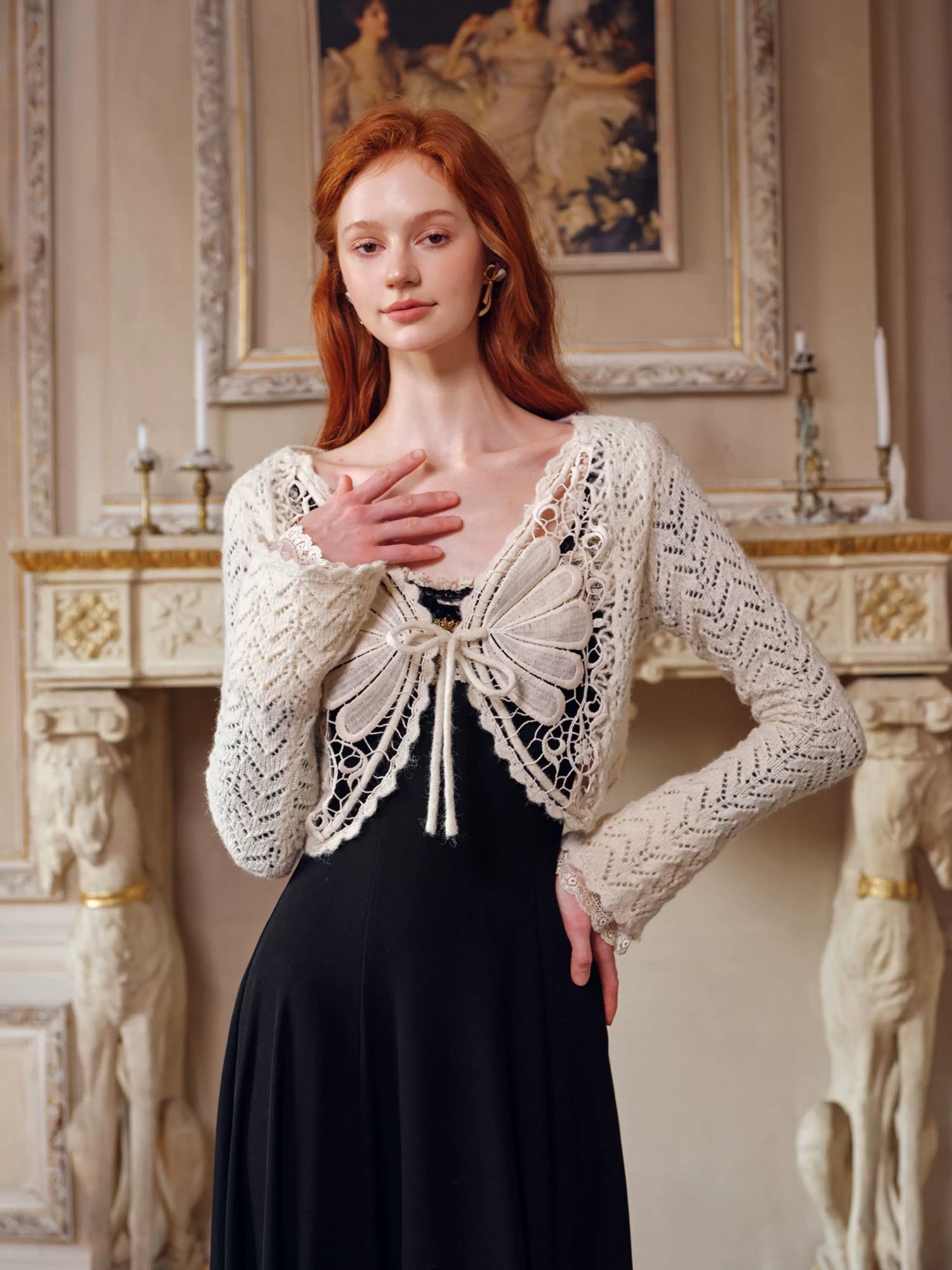 French Pastoral Black Knit Long-Sleeve Dress