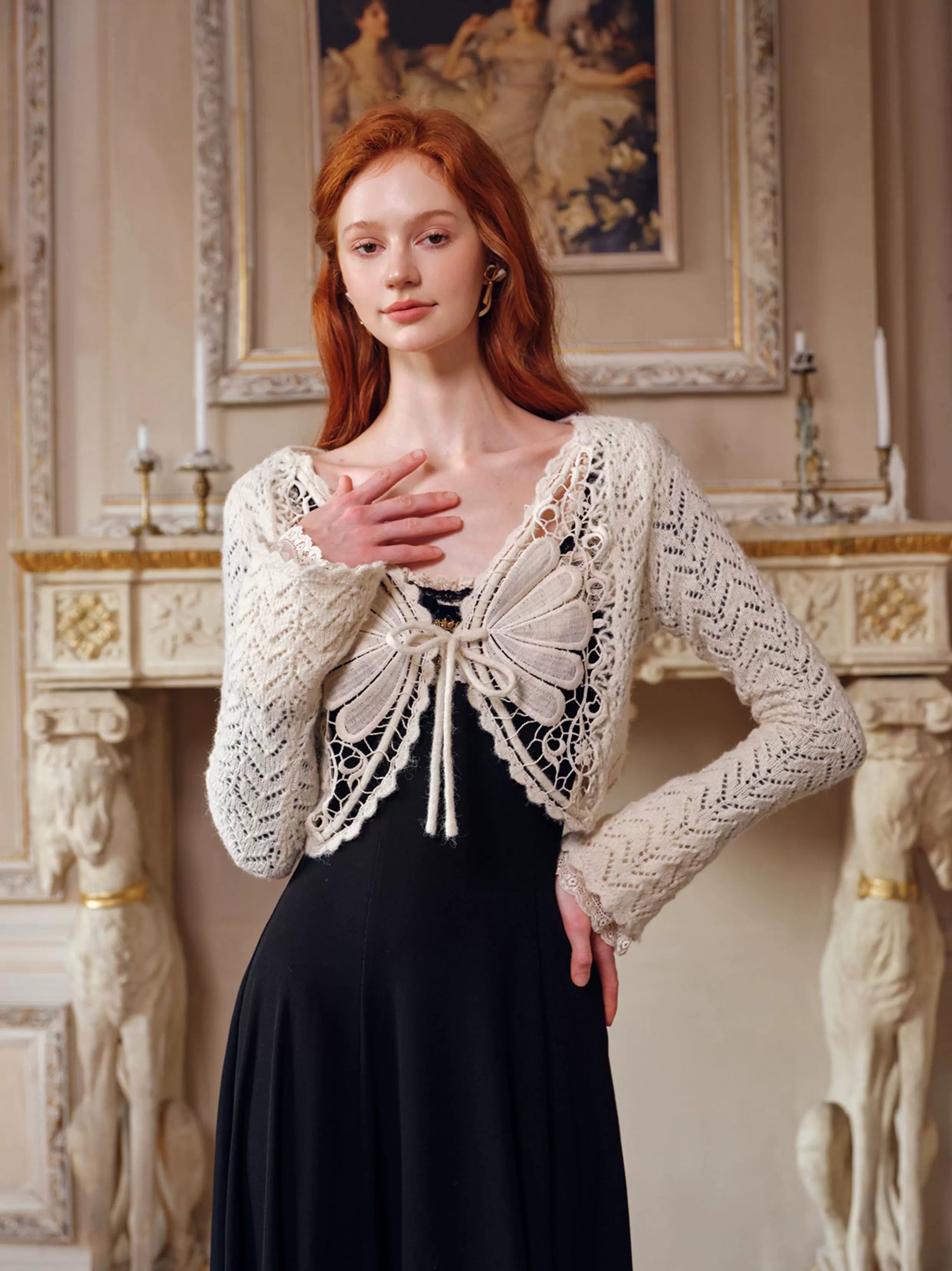 French Pastoral Black Knit Long-Sleeve Dress