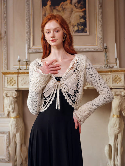 French Pastoral Black Knit Long-Sleeve Dress