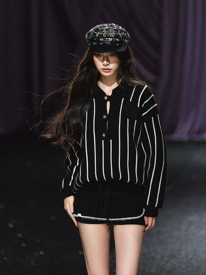 Striped Knit Polo T-Shirt &amp; Contrast Trim Skort Set