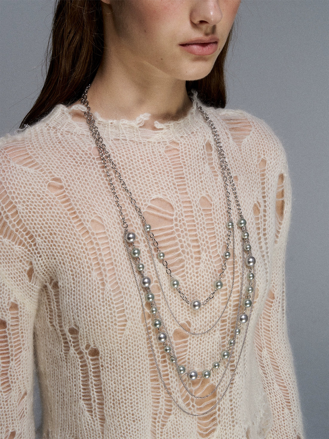 Silver Pearl Layered Sweater Necklace