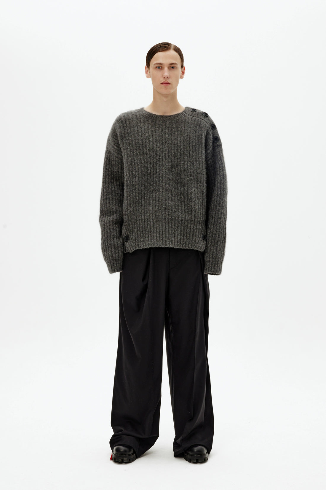 Mohair Wool Multi-Button Crewneck
