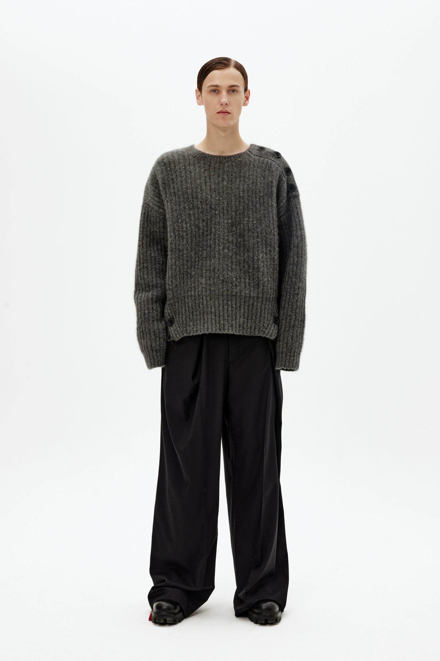 Mohair Wool Multi-Button Crewneck